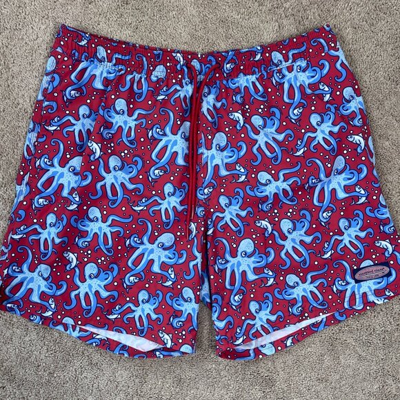 Vineyard Vines Swim Shorts Mens L Red Octopus Lined All Over Print Resort Beach - Picture 1 of 9